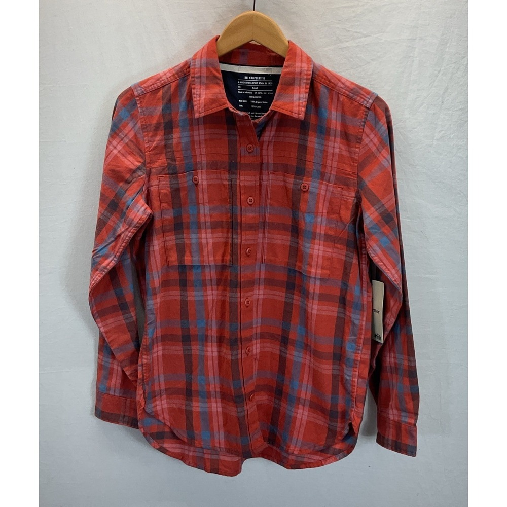 REI Wallace Lake Flannel Shirt Women's S Plaid Blue/ orange‎ Organic Cotton NWT